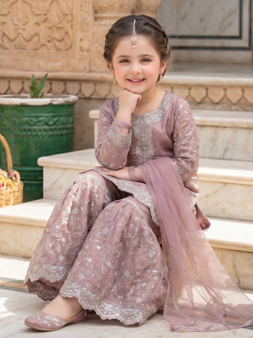 Kids Gharara Set Mauve/Silver 3pc Festive Outfit - Picture 2 of 15